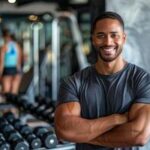 fitness-trainer-smiling-in-gym-with-dumbbells-diverse-trainer-health-and-wellness-promotion-professional-athlete-strength-training-coach-photo
